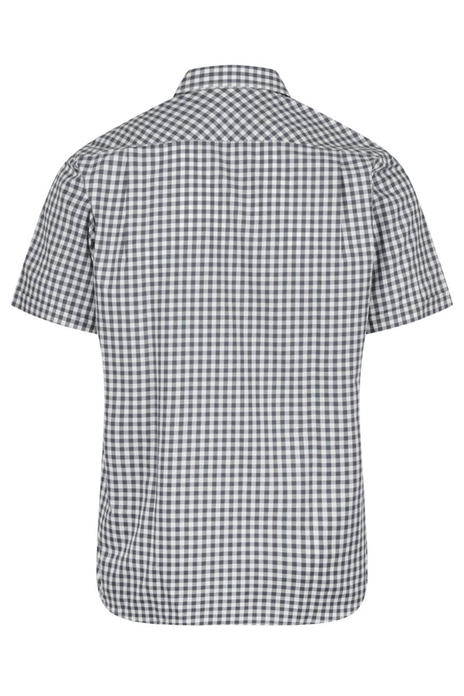 A short-sleeve button-up shirt in grey and white checkered pattern with a collar and no visible branding.