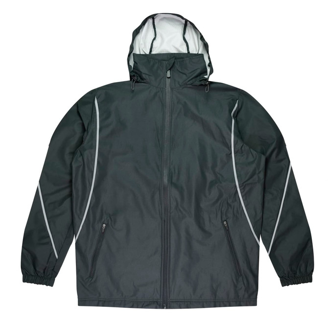 A dark green men's jacket with a hood, featuring white accents and zippered pockets. It has a branded logo.