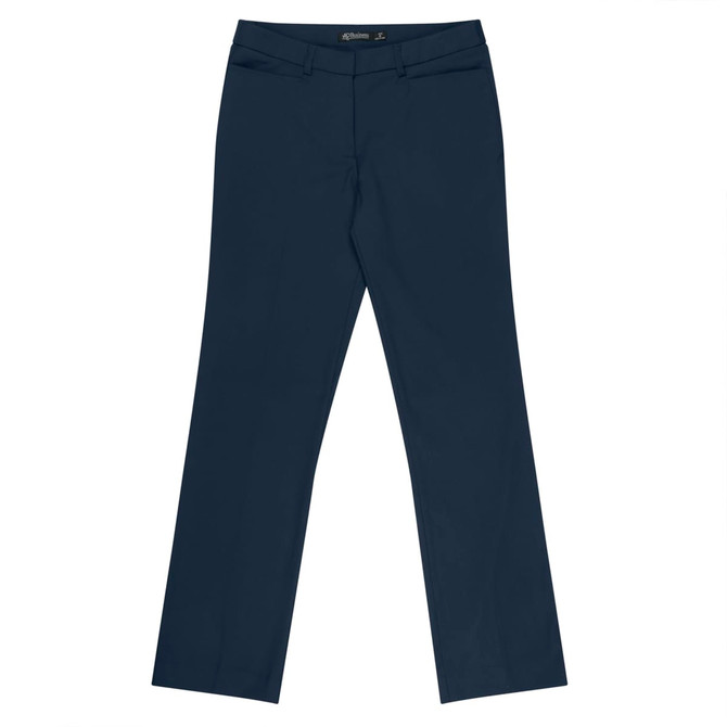 Navy women's classic pants featuring a tailored fit and pockets, with branding on the waistband.