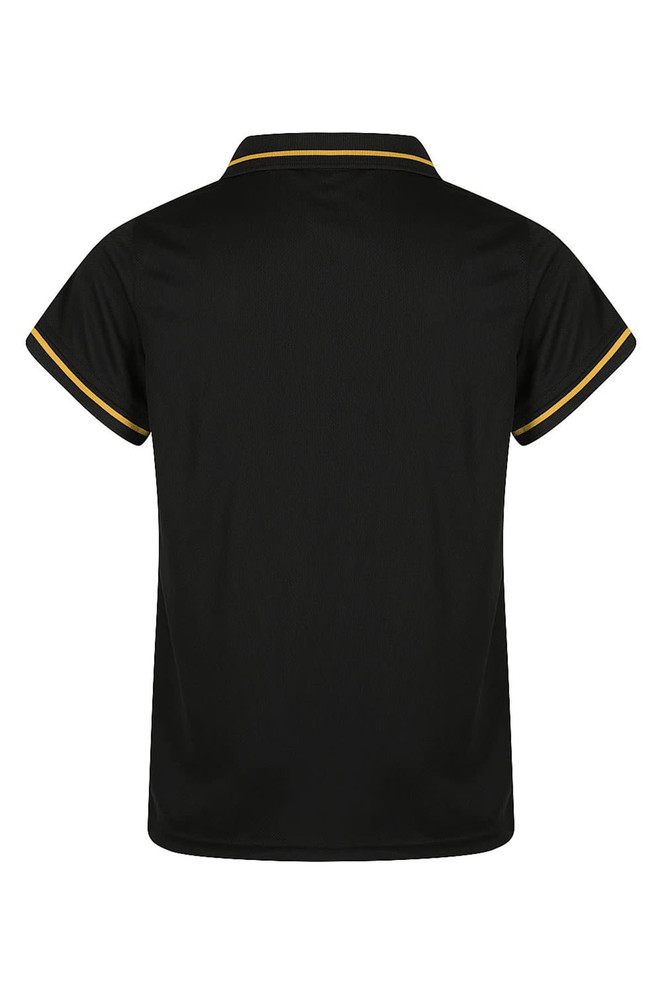 A black polo shirt with yellow trim, featuring a collar and short sleeves. The back view is displayed.