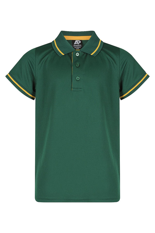 A green polo shirt with yellow accents and a collar, featuring three buttons and short sleeves.