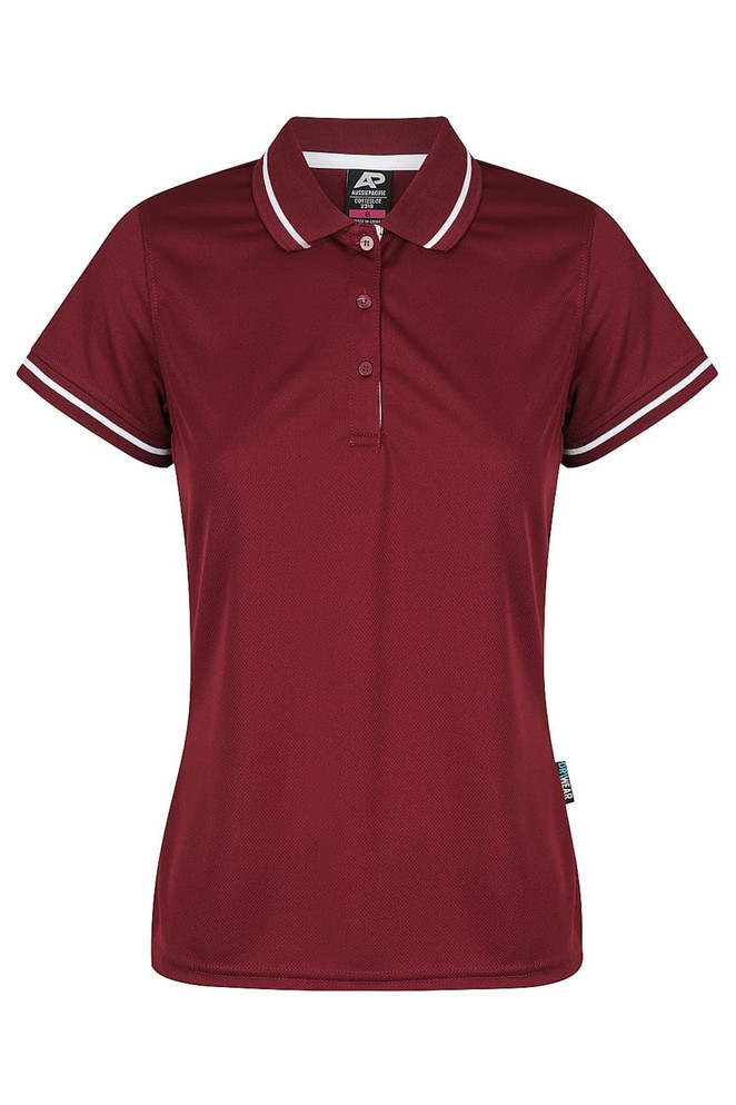 A maroon polo shirt featuring a classic collar and striped detailing, with a logo on the left side.
