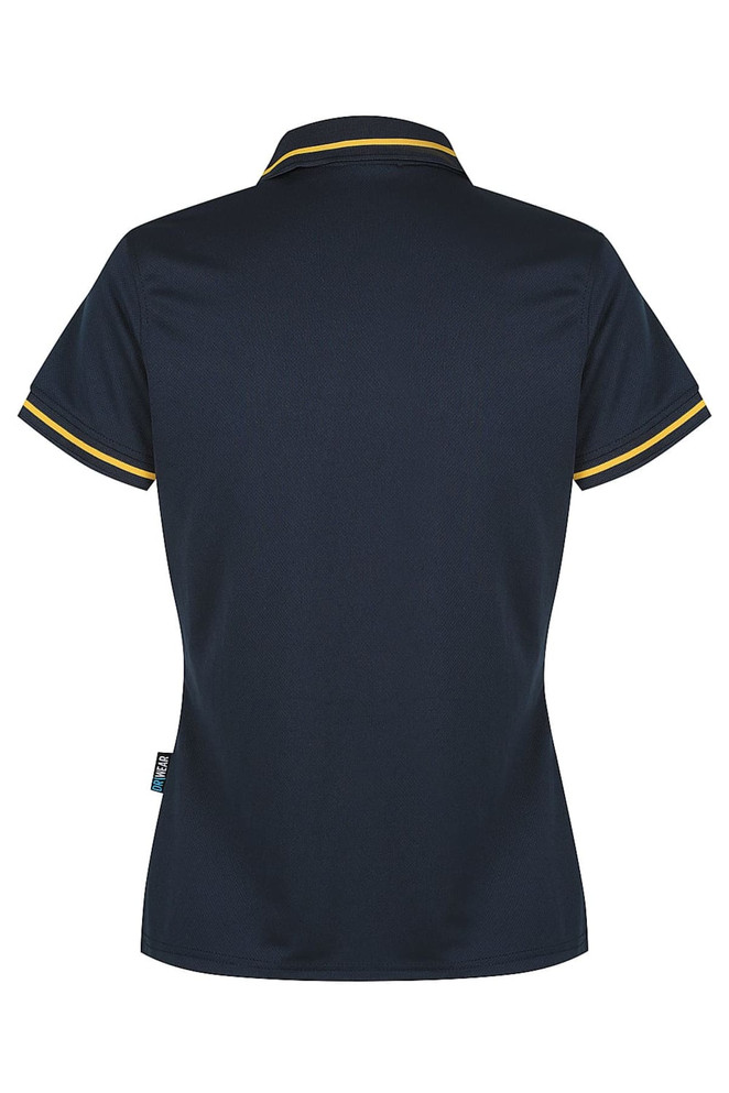 A dark navy polo shirt with yellow trim, featuring a collar and short sleeves. It includes a logo branding.