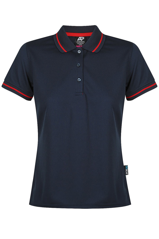 A navy polo shirt with red trim and a logo, featuring a classic collar and button closure.