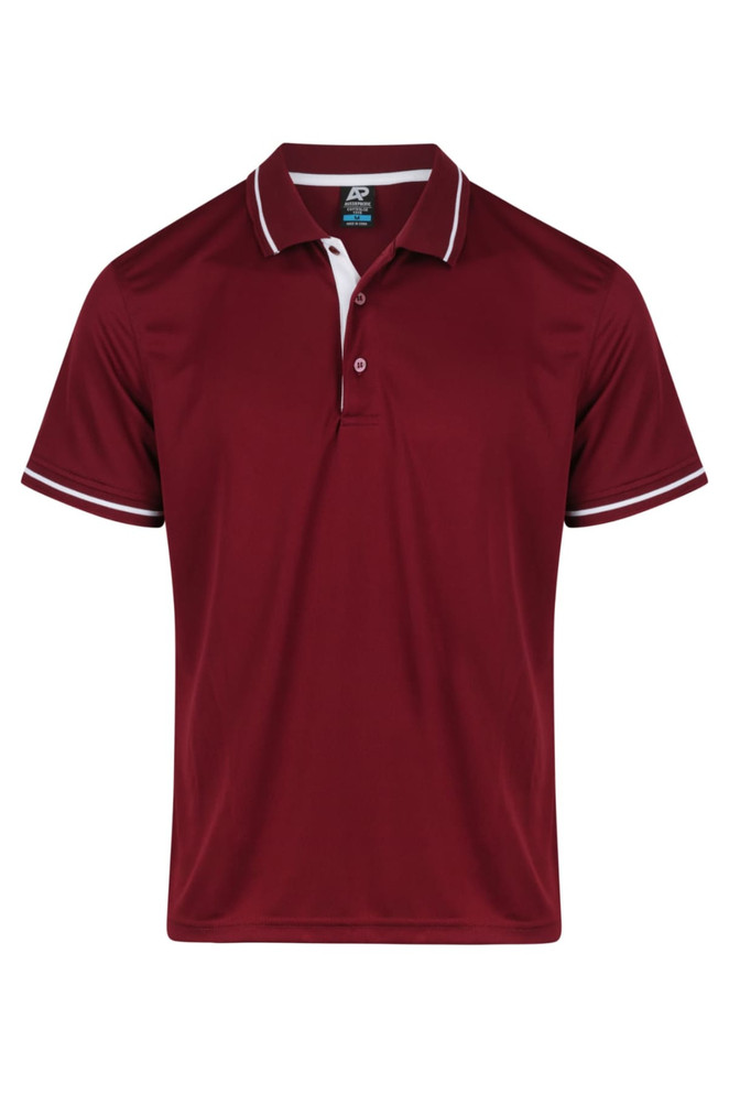 A maroon polo shirt featuring a white collar and sleeve trims, with a logo on the chest.