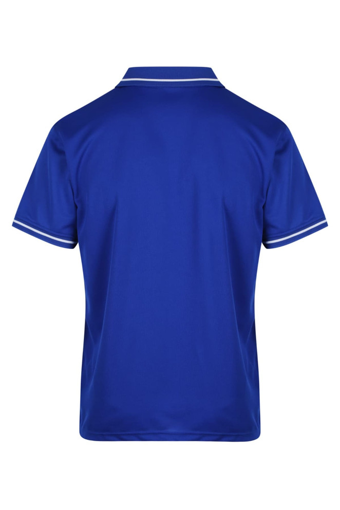 A blue polo shirt with contrasting white trim and a logo on the chest, featuring a classic style and back view.