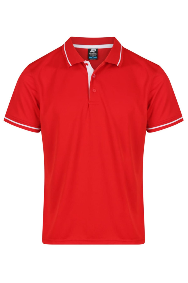 A red polo shirt with white trim, featuring a collar and three buttons, plus a logo on the chest.