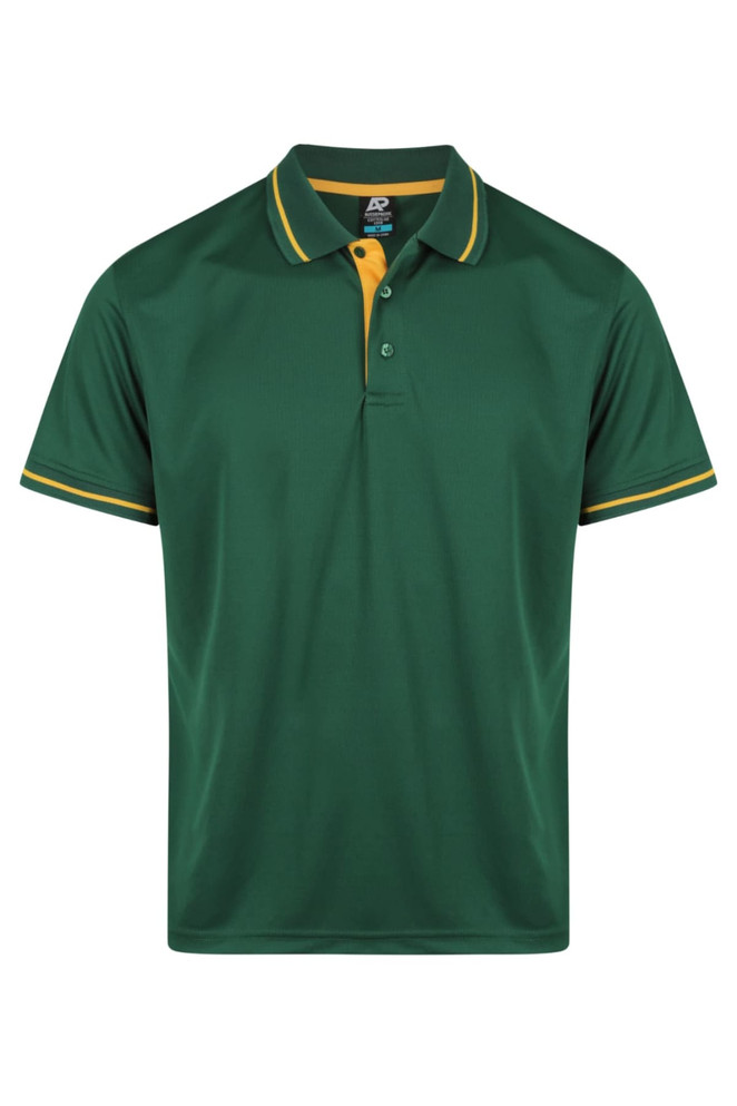A green polo shirt with yellow accents and a logo on the chest area.