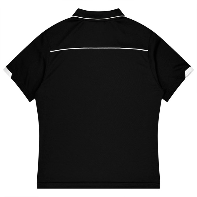 A black polo shirt with white detailing, designed for kids' sports uniforms, featuring a logo.