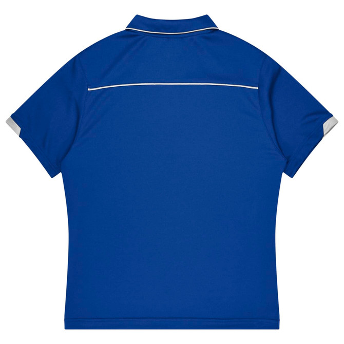 A blue polo shirt with short sleeves and a contrasting trim, featuring a logo on the back.
