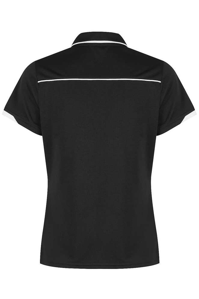 A black polo shirt with white piping detail, featuring a collar and short sleeves. It has a logo.