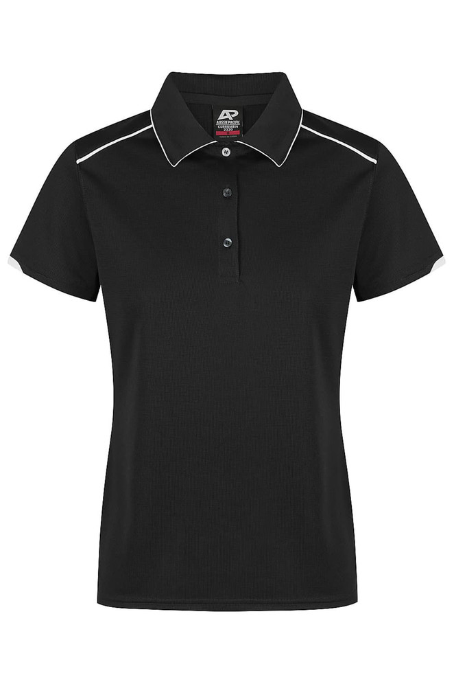 A black polo shirt with a collared neckline, featuring contrasting edging and a logo.