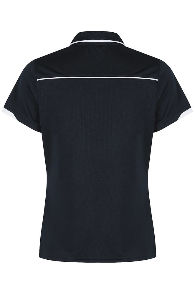 A navy polo shirt with contrasting white accents and a logo at the back. Suitable for casual or sportwear.