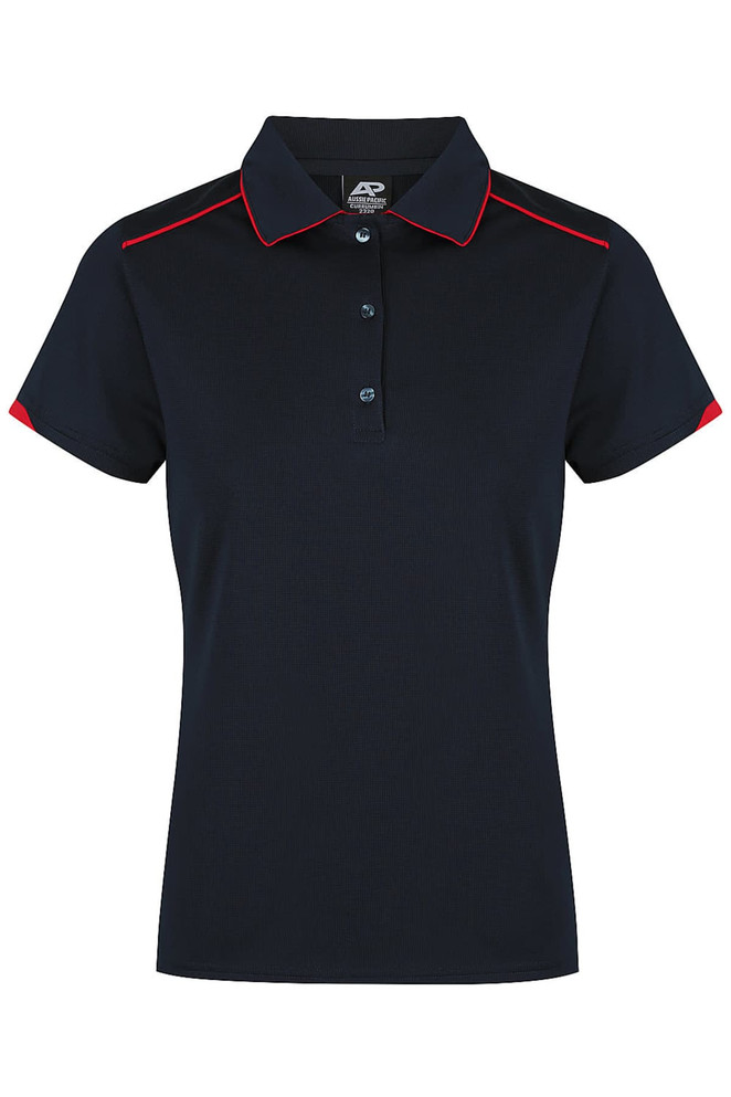 A navy polo shirt with red accents, featuring a collar and button placket. Includes a branding logo.