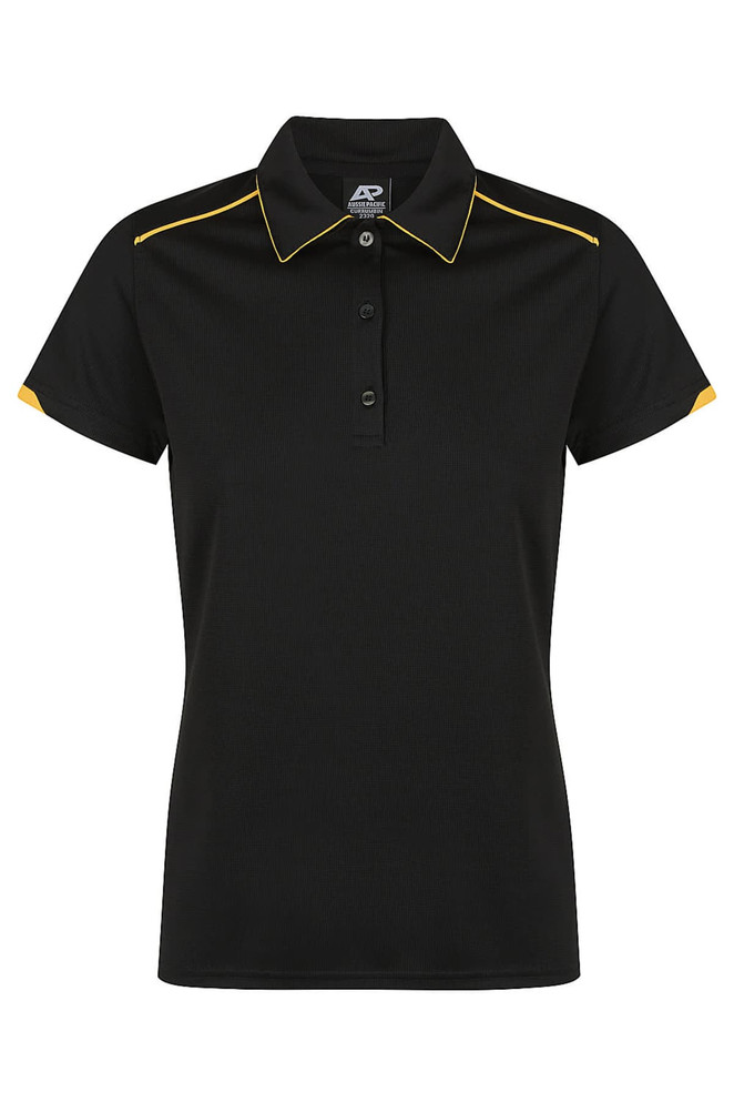 A black polo shirt with yellow accents, featuring a collar and buttons, designed for women's wear. It has a logo.