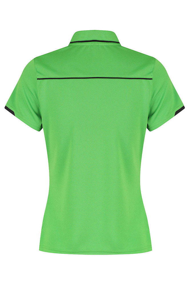 A green polo shirt with a fitted design and contrasting black detailing on the sleeves and collar.