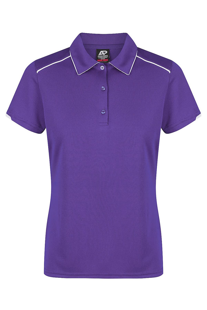 A purple polo shirt with a collar, button placket, and contrast detailing on the sleeves, featuring a logo.