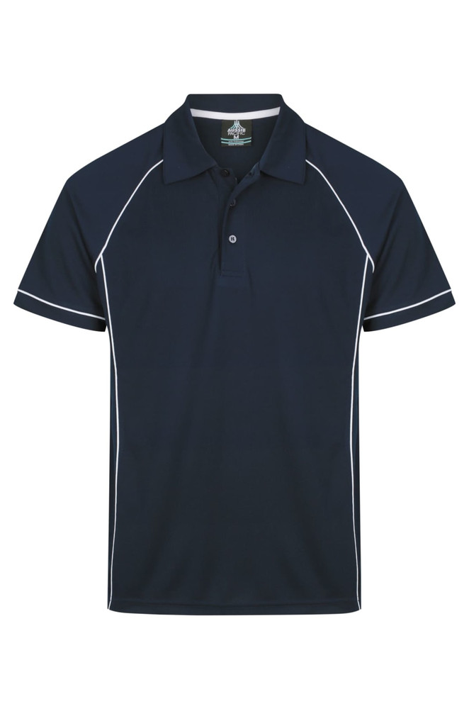 A navy polo shirt with white piping and a logo on the chest. Short sleeves and a classic collar design.