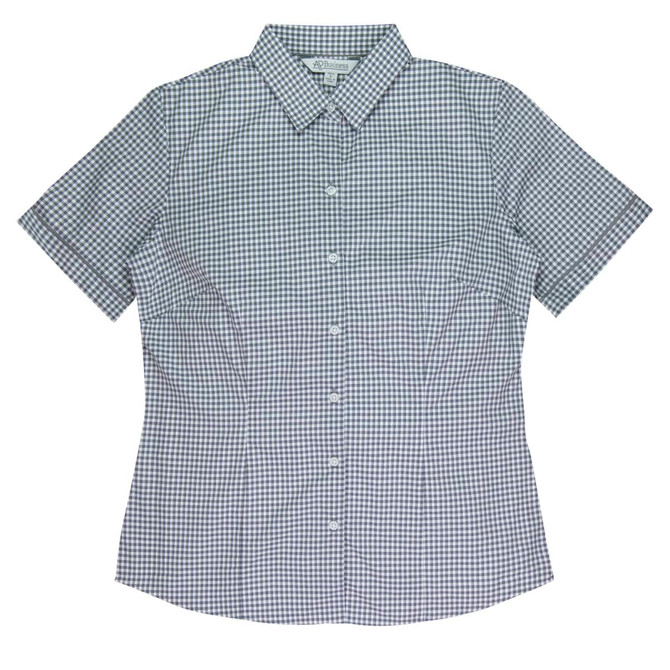 A short-sleeve button-up shirt in a blue and white gingham pattern with a collar and a branded logo.