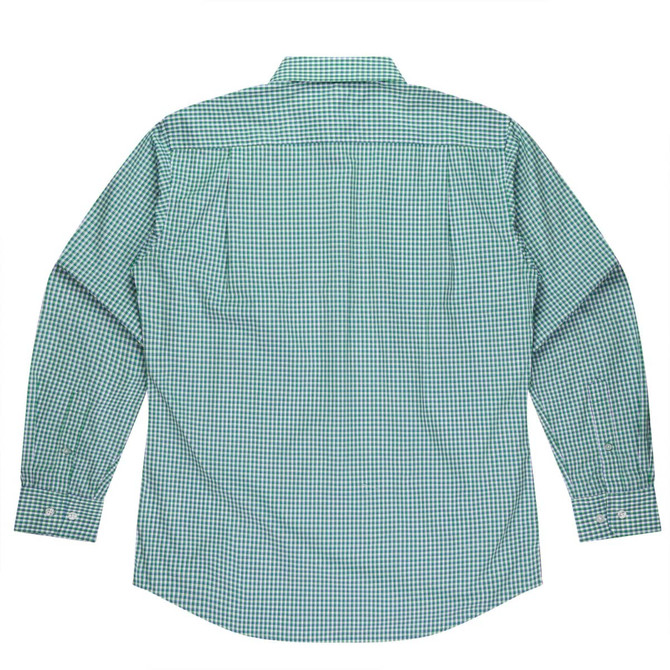 A long sleeve men's shirt in a green check pattern, featuring a button-up design and a collar.
