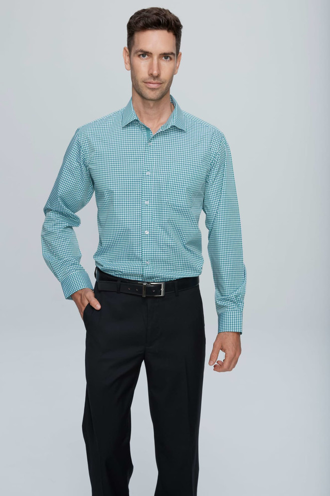 A long-sleeve button-up shirt in a teal and white gingham pattern, worn by a model with black trousers.