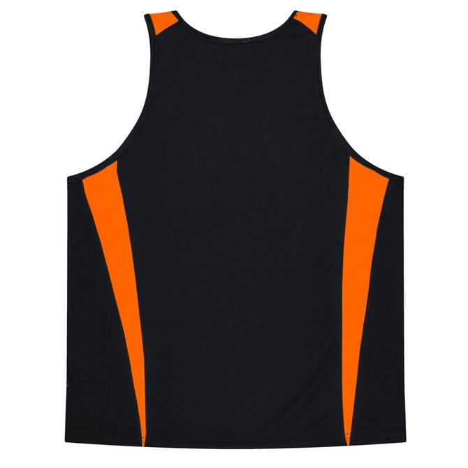 A black singlet featuring orange side accents and a logo on the front. Suitable for kids' active wear.
