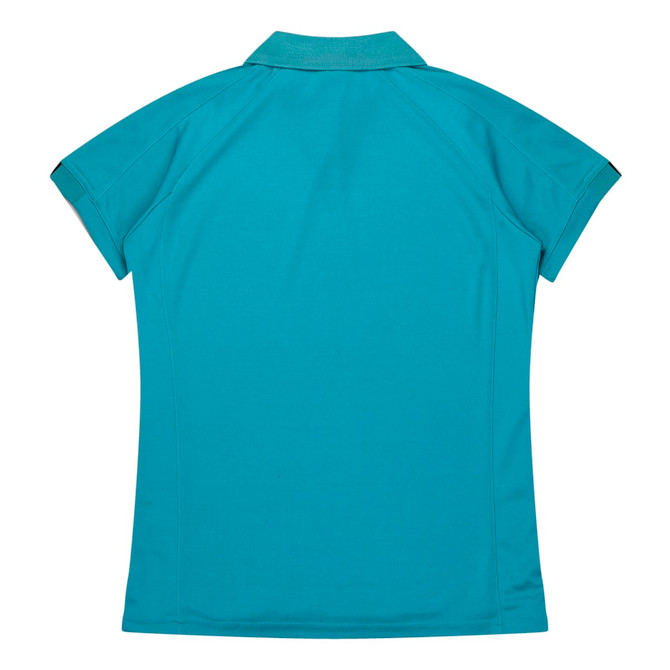 A turquoise polo shirt with short sleeves and a classic collar, featuring a logo on the back.