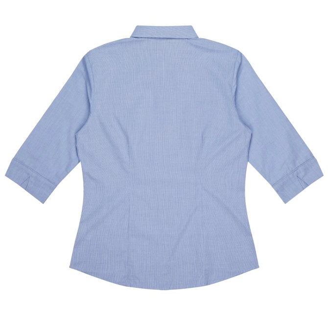 A light blue button-up shirt with 3/4 sleeves and a back view, featuring a collar and a logo.