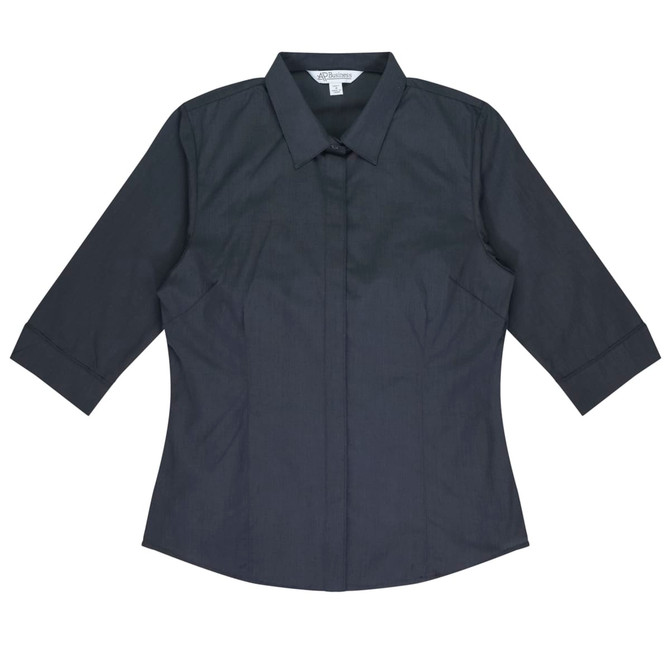 A dark grey button-up shirt with 3/4 sleeves and a collar. It features a branding logo.