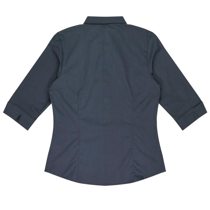 A dark grey button-up shirt with 3/4 sleeves and a fitted design, featuring a collar and a logo.