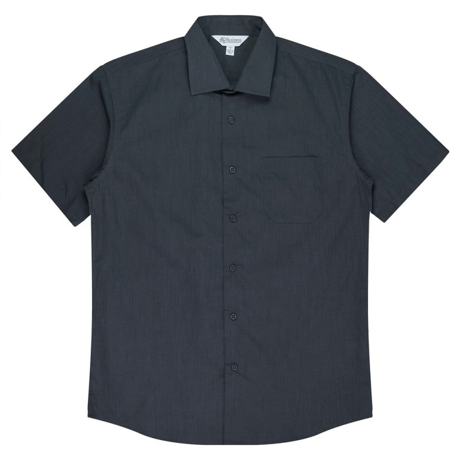 A short-sleeve button-up shirt in a dark grey colour with a chest pocket and an additional branding label.