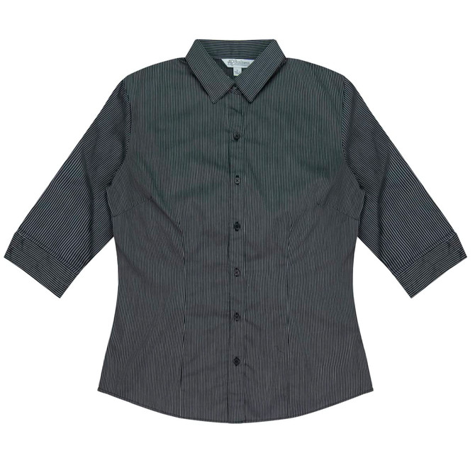 A button-up shirt in grey with a striped pattern and 3/4 sleeves. It features a collar and a logo.