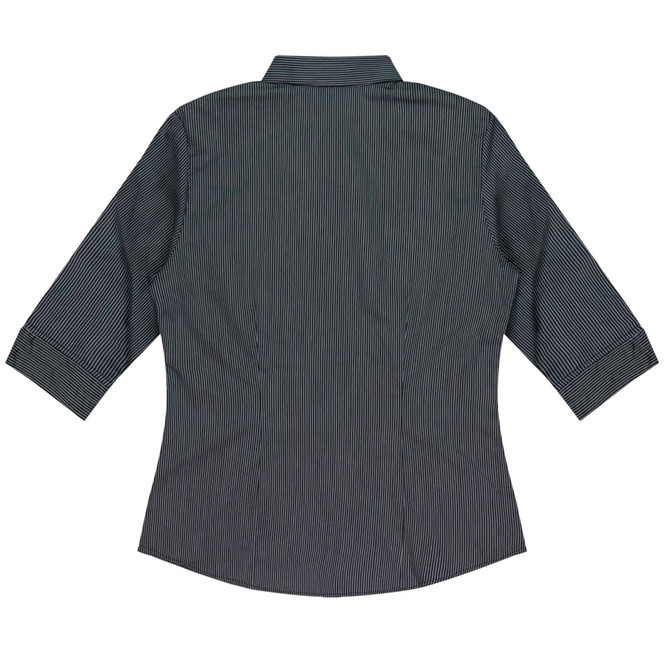 A 3/4 sleeve button-up shirt in dark grey with a striped pattern and a collar, featuring a logo.