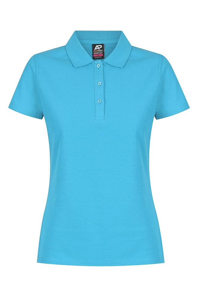 A blue polo shirt for women with a classic collar and three-button placket. Features a logo on the label.