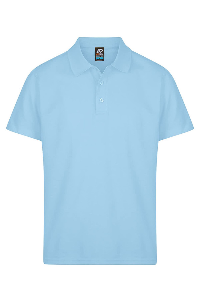 A light blue polo shirt with a collar and three buttons, featuring a logo on the label.