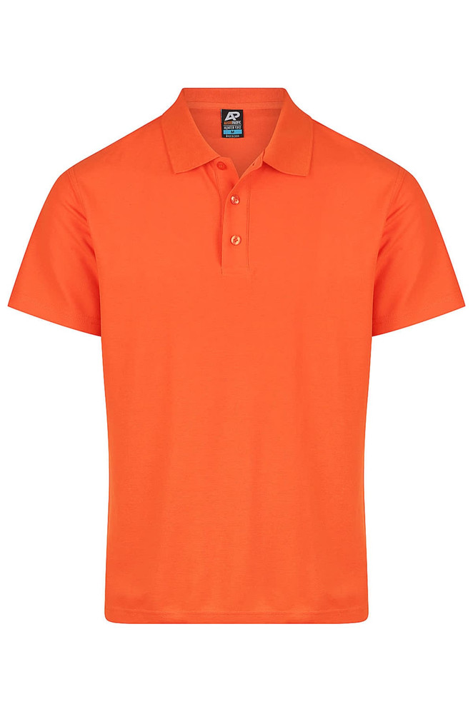 An orange polo shirt with a collar and three buttons, featuring a logo on the label.