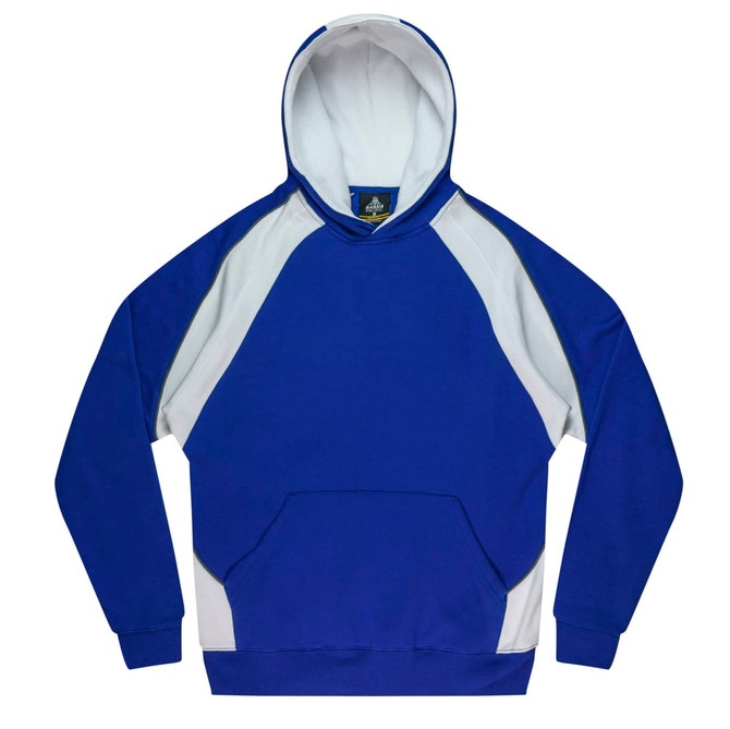 A blue and white children's hoodie with a front pocket and a hood, featuring a logo on the inside.