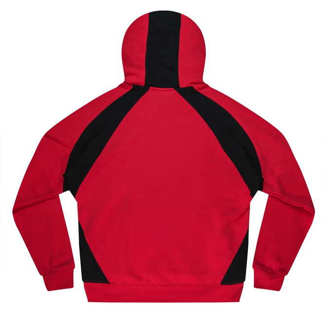 A red hoodie with black accents on the shoulders and hood, featuring a logo.