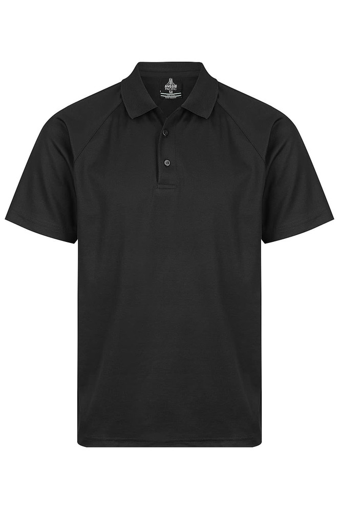 A black polo shirt with a collar, short sleeves, and a logo on the upper part.