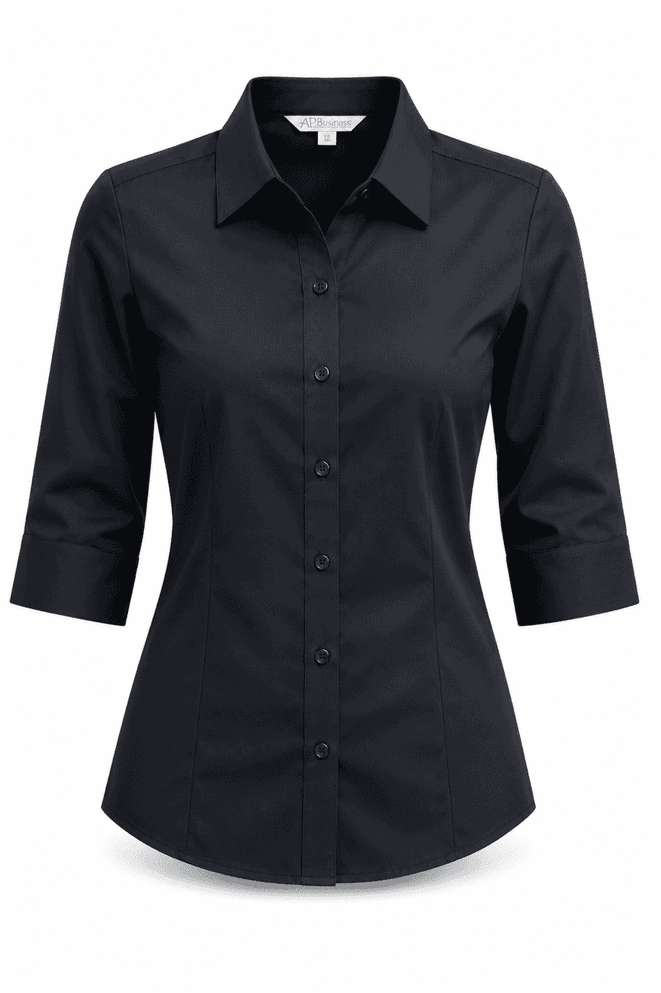 A button-up shirt with 3/4 sleeves in a solid dark navy colour. It features a collar and a logo.