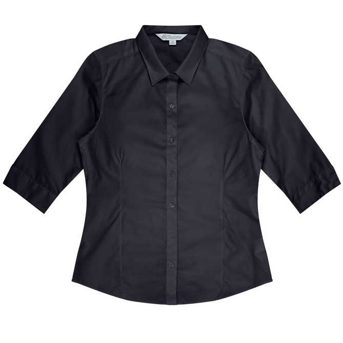 A black button-up shirt with 3/4 sleeves featuring a collar and a logo.