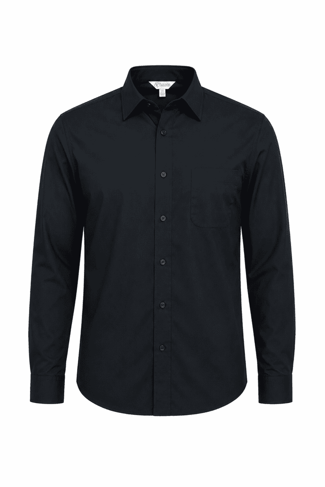 A long sleeve button-up shirt in black, featuring a single chest pocket and a classic collar.