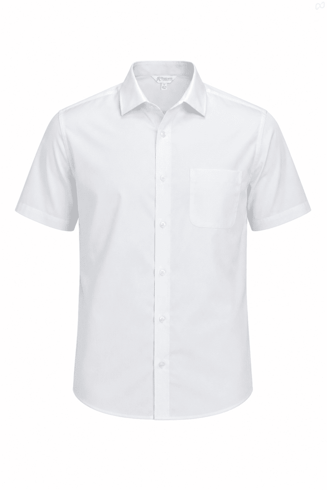 A short sleeve, button-up men's shirt in white with a single chest pocket. The shirt features a logo.
