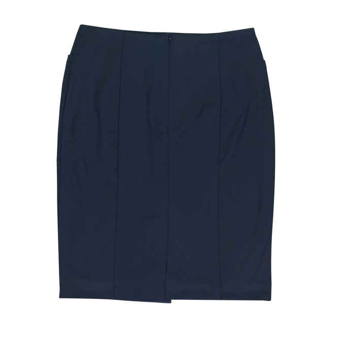 A knee-length black skirt with a zip closure and pleat detailing, featuring two side pockets.