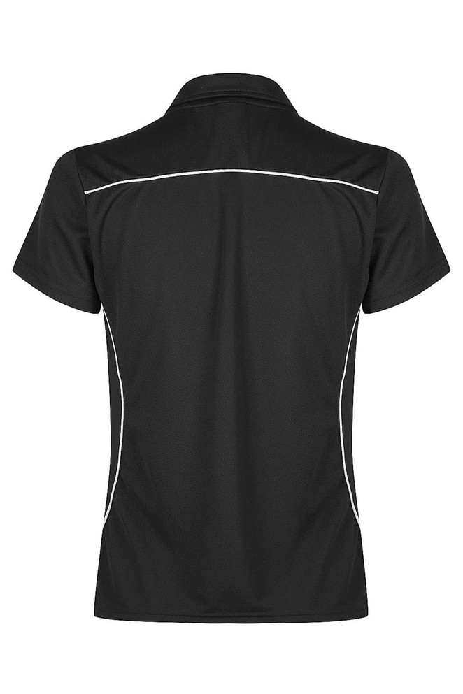 A black polo shirt featuring white accent piping and a collar. It has a logo on the garment.