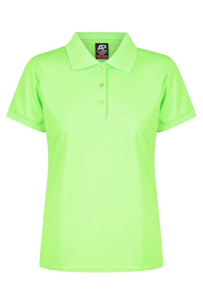 A bright lime green polo shirt with a classic collar and a small logo on the neckline.