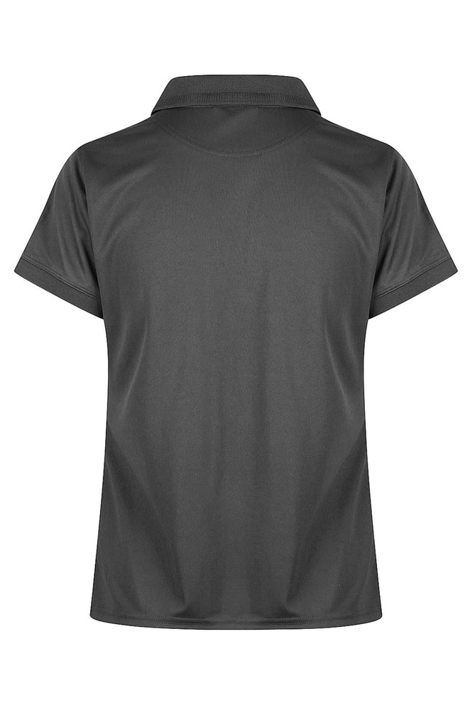 A dark grey polo shirt with a classic collar and short sleeves, featuring a logo on the front.