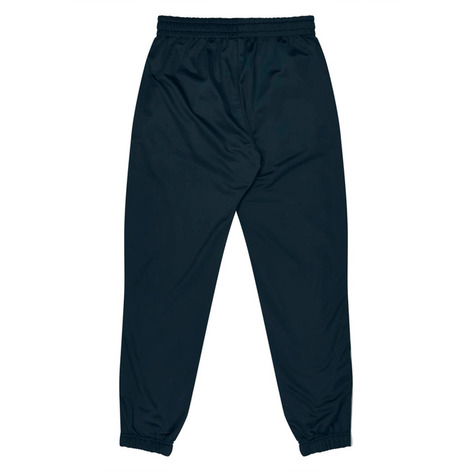 Navy kids' pants with an elasticised waistband and gathered cuffs, featuring a logo.