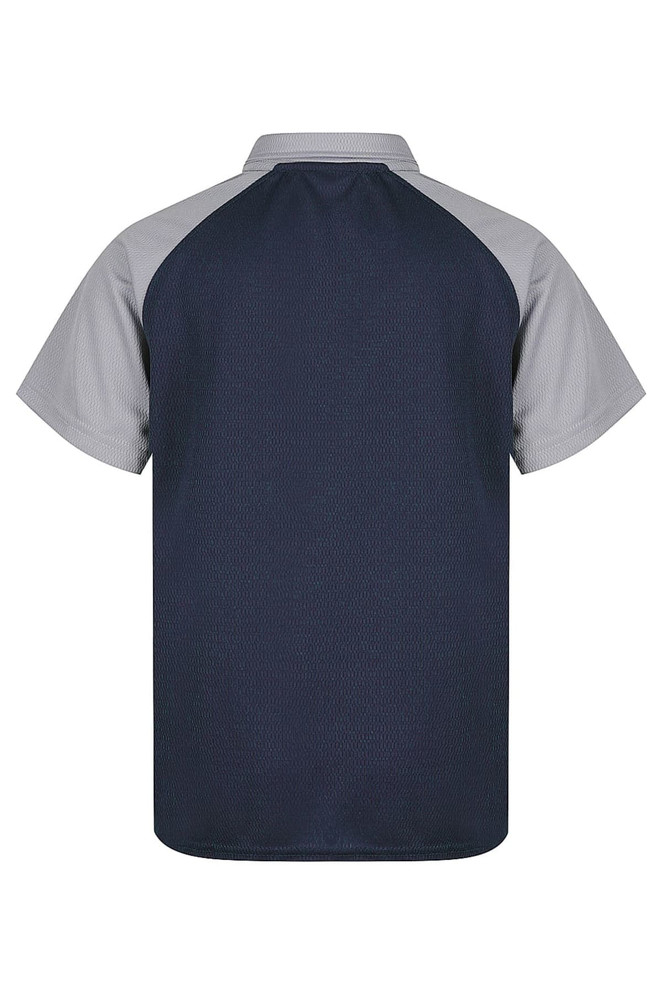A navy and grey polo shirt, featuring a sporty design and a logo on the front.