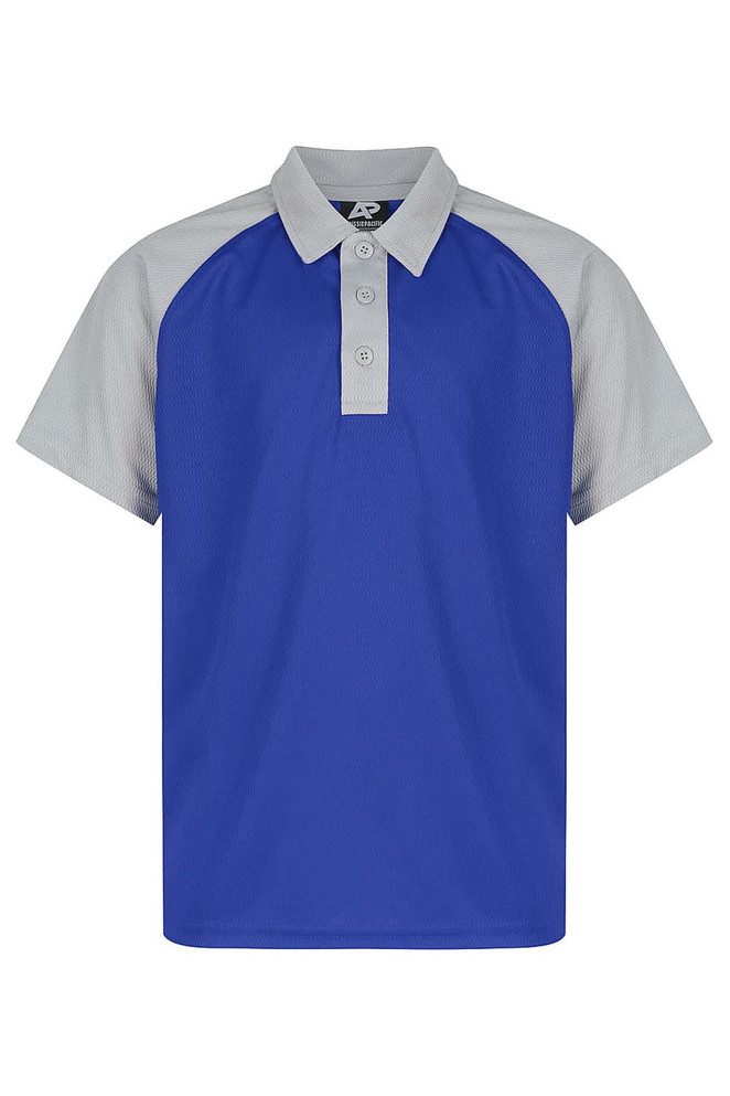 A blue polo shirt with grey sleeves and a collar. Features buttons and has a logo.